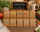 School Days Stud Earring SVG Bundle — 10 Mirrored Pairs, Score-Ready Laser Files | Teacher Earrings, Apple, Pencil, Atom, Globe, Art Palette Studs