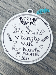 Assistant Principal Ornament, proverbs 31, she works willingly with her hands,  Scored,  Cut File, Laser Cut File, SVG, glowforge file