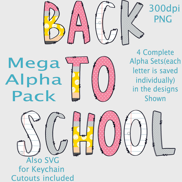 Back to School Mega Alpha Doodle Letter Set, PNG, Sublimation