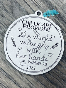 Child Care Provider Ornament, proverbs 31, she works willingly with her hands,  Scored,  Cut File, Laser Cut File, SVG, glowforge file