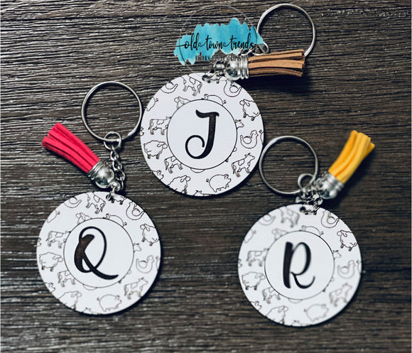 Farm Animals Circle Pattern Engraved Initial Keychain Set, Keychains SVG, scrap fillers, money makers, laser ready