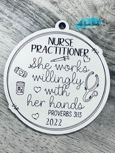 Nurse Practitioner Ornament, proverbs 31, she works willingly with her hands,  Scored,  Cut File, Laser Cut File, SVG, glowforge file