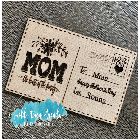 Glowforge Pattern Mothers Day Post Card 1, SVG Cut file, Mom The Heart of the Family