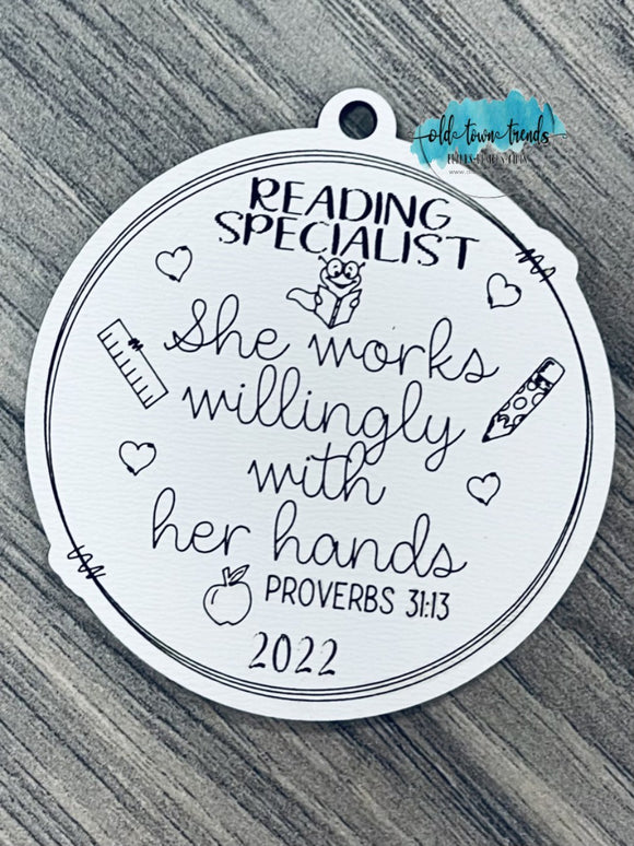 Reading Specialist Ornament, proverbs 31, she works willingly with her hands,  Scored,  Cut File, Laser Cut File, SVG, glowforge file