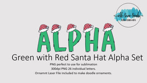Santa Hat with Green Letters Alpha Doodle Letter Set, PNG, Sublimation