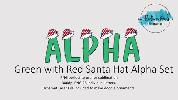 Santa Hat with Green Letters Alpha Doodle Letter Set, PNG, Sublimation